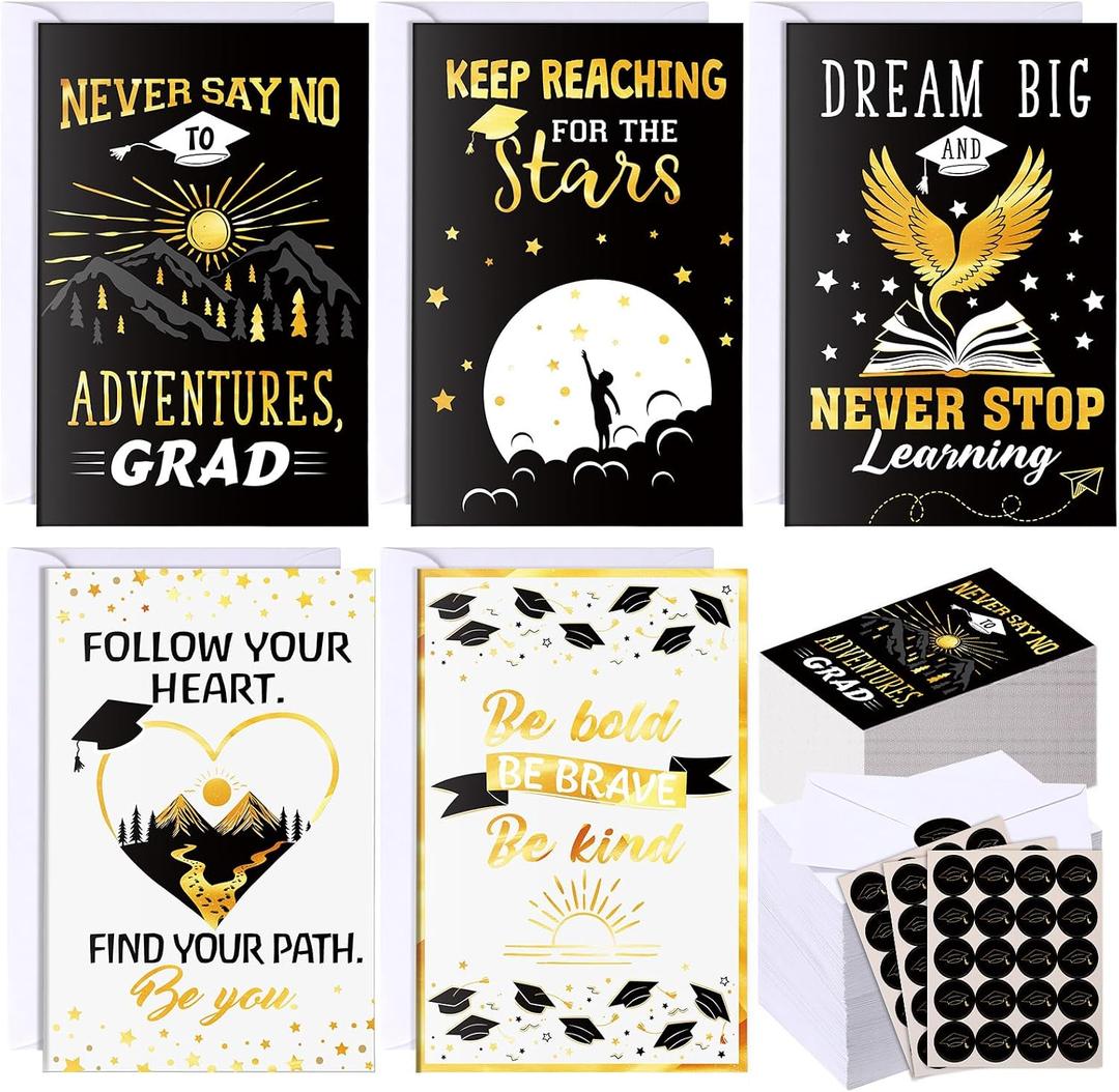 Eaasty Motiskyy 100 Pcs Graduation Card with Gold Foil Inspirational Congrats Grad Greeting, Black and Gold Graduation Congratulations Card 4 x 6 Inch with Envelope and Seal Sticker
