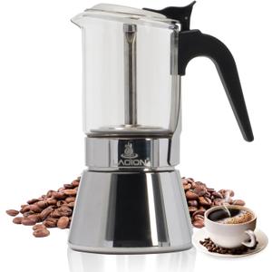LAOION Stovetop Espresso Maker, 3Cup 160ml Moka Pot, Crystal Glass-top & Stainless Steel Coffee Maker Mocha Pot, Greca De Cafe, Cuban and Italian Coffee Maker for Cafetera Cubana (Silver)