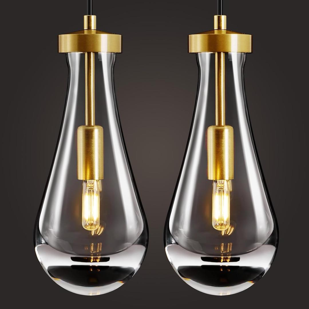 Raindrop Pendant Lights Kitchen Island: 2 Raindrops Crystal Light Fixtures - Gold Brass Teardrop Chandelier Lighting over Dining Table - Modern Glass Tear Drop Ceiling Pendants Light Bulb Not Included, Set of 2