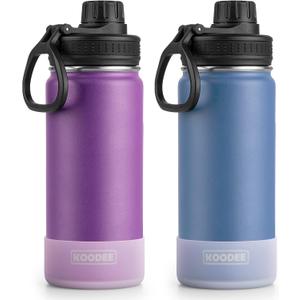 Koodee Insulated Water Bottle 2 Pack-18 oz Stainless Steel Vacuum Metal Sports Water Bottle with Leakproof Spout Lid (Purple-Royal Blue)