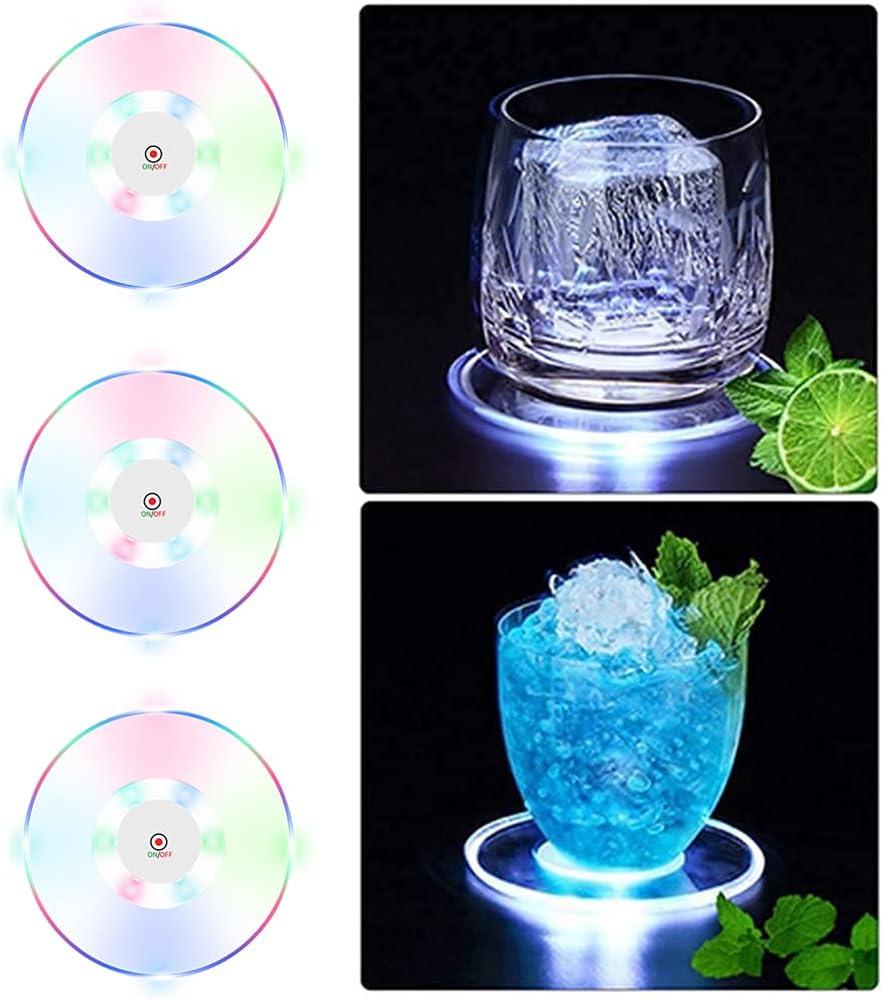 3 PCS Colorful LED Cocktail Coaster, Round Ultra-Thin LED Drink Coaster Luminous Coaster, 3.9-inch Non-Slip & Waterproof Transparent Beer Beverage Coasters for Club, Bar, Party Wedding Halloween