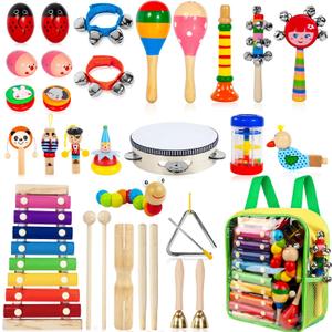 Kids Musical Instruments, 33Pcs 18 Types Wooden Percussion Instruments Tambourine Xylophone Toys for Kids Children, Preschool Education Early Learning Musical Toy for Boys and Girls (Rainbow)