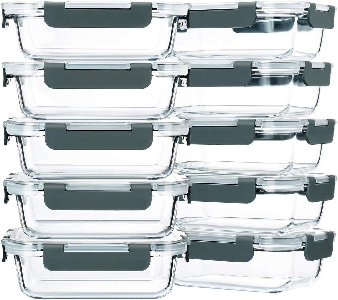 10 Pack,22 oz Glass Food Storage Containers with lids, Gray Glass Meal Prep Containers, Airtight Lunch Containers with Lids, Microwave, Oven, Freezer and Dishwasher Friendly, BPA Free