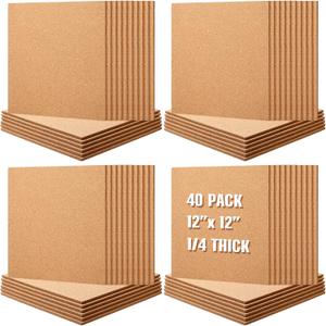 Kosiz 40 Pack 12x12 Cork Board Squares Bulk 1/4" Cork Board Tiles for Wall