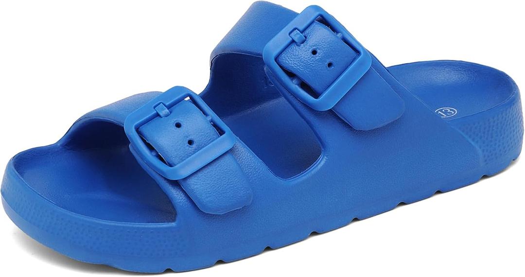 INMINPIN Boys Girls Double Buckle Slide Sandals Comfort Beach Pool Shower Slippers Adjustable Indoor Outdoor Little Kid/Big Kid,Blue,4 Big Kid