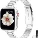 MioHHR Thin Metal Bands Compatible with Apple Watch Band 38mm 40mm 41mm 42mm(Series 10),Slim Narrow Stainless Steel Strap for Women iWatch Bands Series 9 8 7 6 5 4 SE 3 2 1,Silver
