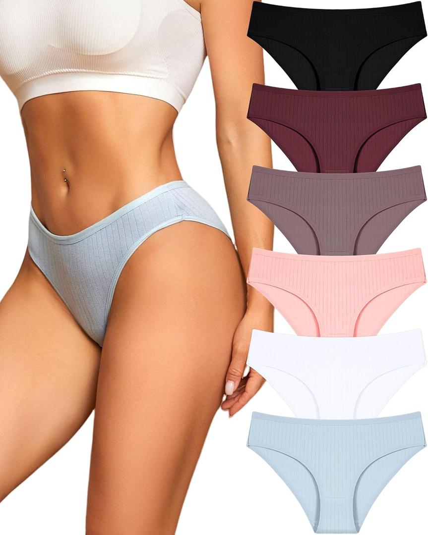 FINETOO Cotton Underwear for Women Sexy Low Rise Ribbed Hipster Breathable Soft Womens Bikini Girls Panties Cheeky, S (Black+white+khaki+pink+grape Pulple+blue)