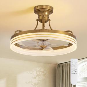 20inch Ceiling Fan with Light Gold Flush Mount Fandelier with Remote Control Modern LED Ceiling Fan 6 Wind Speeds Fandelier for Bedroom Living Room Kitchen