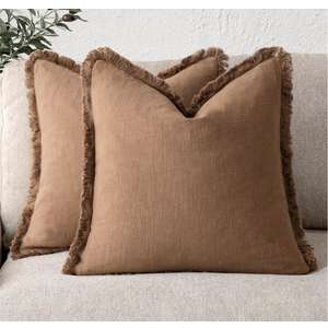 Foindtower Set of 2 Decorative Linen Fringe Throw Pillow Covers Cozy Boho Farmhouse Cushion Cover with Tassels Soft Accent Pillowcase for Couch Sofa Bed Living Room Home Decor,18×18 Inch,Khaki Brown