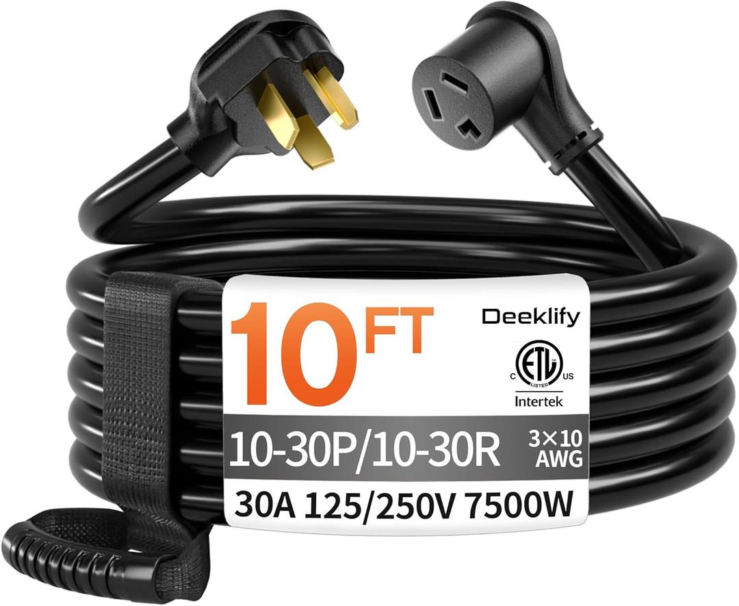 10 FT 3 Prong Dryer Extension Cord Outdoor Black, 30 AMP 10/3 Gauge Heavy Duty, NEMA 10-30P to 10-30R, Waterproof STW Jacket ETL Listed for Dryers & EV Charging