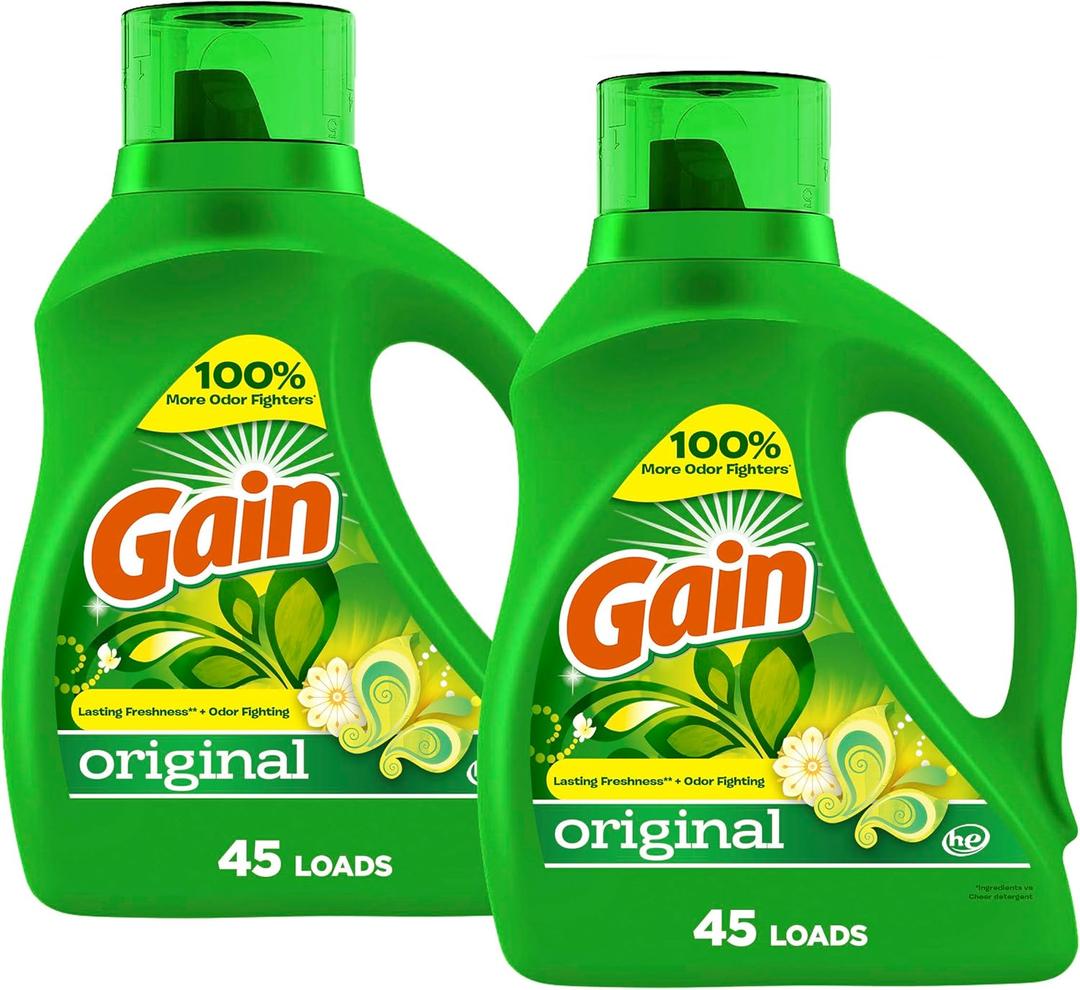 Gain Liquid Laundry Detergent, Original Scent, 65 fl oz x 2, 45 x 2 Loads, Freshness + Odor Fighting, High Efficiency Washing Machine Liquid Cleaning Soap