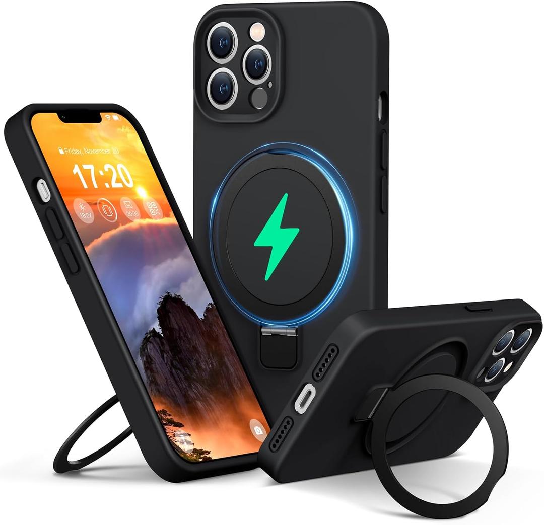 Liquid Silicone Case for iPhone 11 Pro Max with Magnetic Ring Stand, Upgraded Camera Lens Protection, Mil-Grade Drop Shockproof, Anti-Scratch Microfiber Lining Silicone Case (Black)