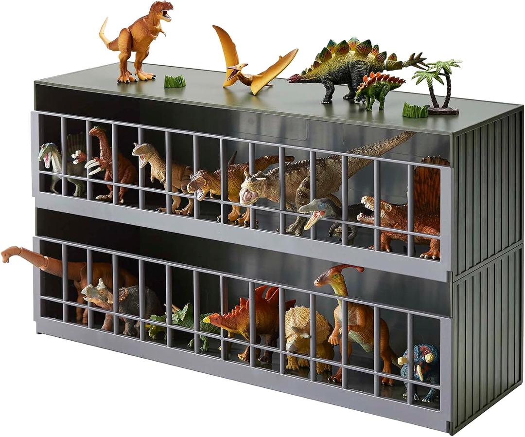 YAMAZAKI Home Two-Tier Toy Dinosaur and Animal Display Storage Rack, Childrens' Toy Bin Organizer Box, Plastic, Stackable, No Assembly Req., One Size