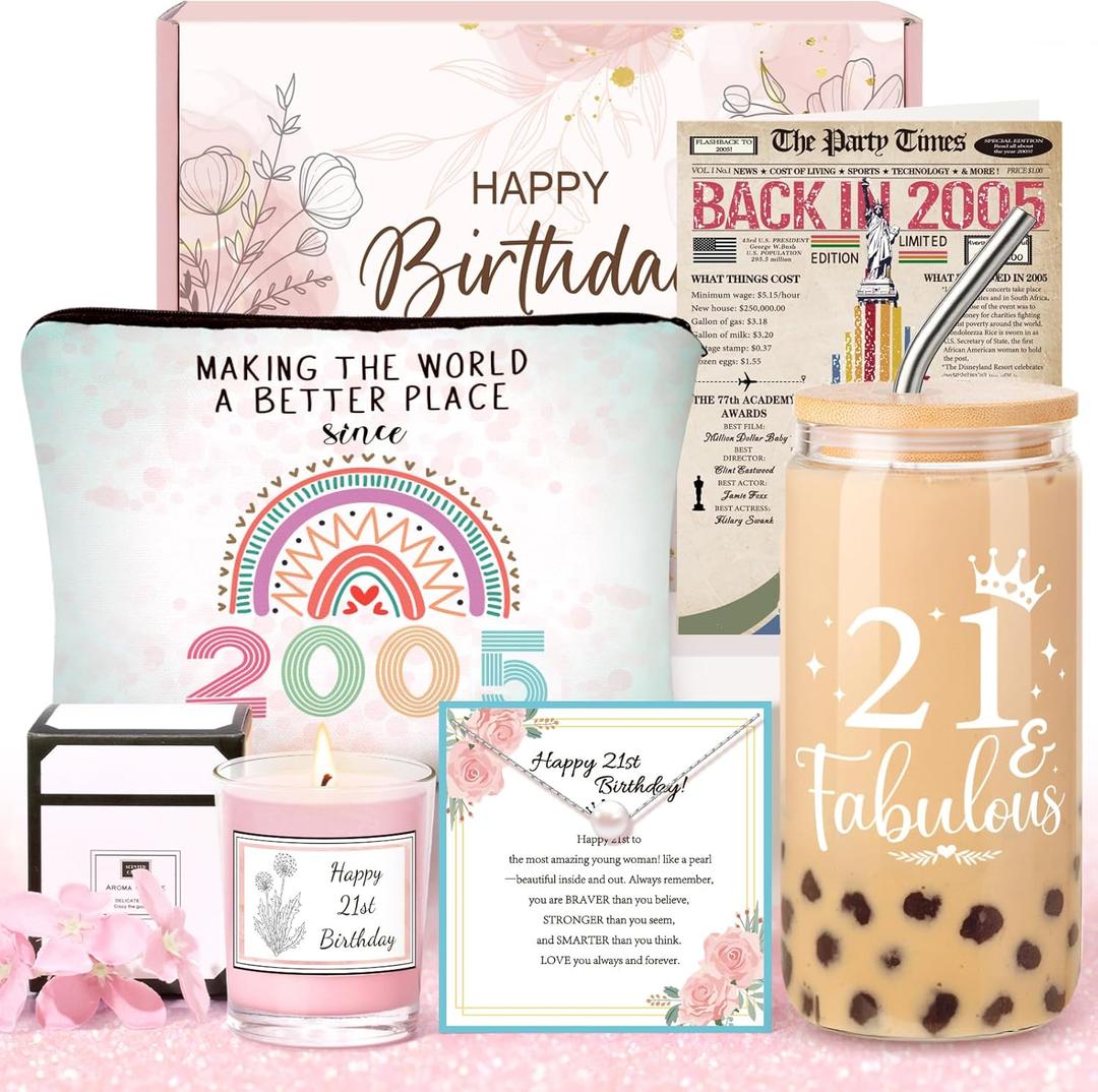 21st Birthday Gifts for Her – Unique Gift for 21 Year Old Woman, 5PCS Gift Box with 16oz Coffee Cup, Candle, Necklace, Makeup Bag & Card – Vintage 2005 Birthday Gifts for Women