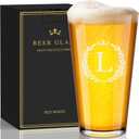 Fathers Day Birthday Gifts for Husband Dad Grandpa, Personalized Beer Glasses Gifts for Men, 16 oz Monogrammed A-Z Drinking Glass Cups, Birthday Gifts for Men Him Dad Brother Husband Grandpa (L)