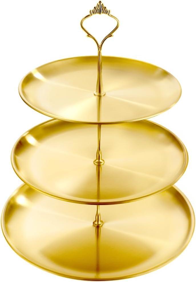 3 Tier Stainless Steel Cupcake Stand, Gold Metal Serving Tray Cake Holder Cake Display Stand for Holiday Dessert Table Decorations Birthday Party Wedding