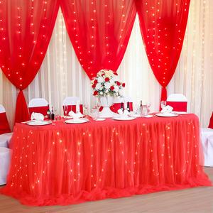 PARTISKY Red Tulle Tutu Table Skirt for Rectangle Tables or Round Table,Led Light String Table Cloth for Boys Girls Baby Shower Party Dessert/Cake Tables (72" x 30" (Rectangular))