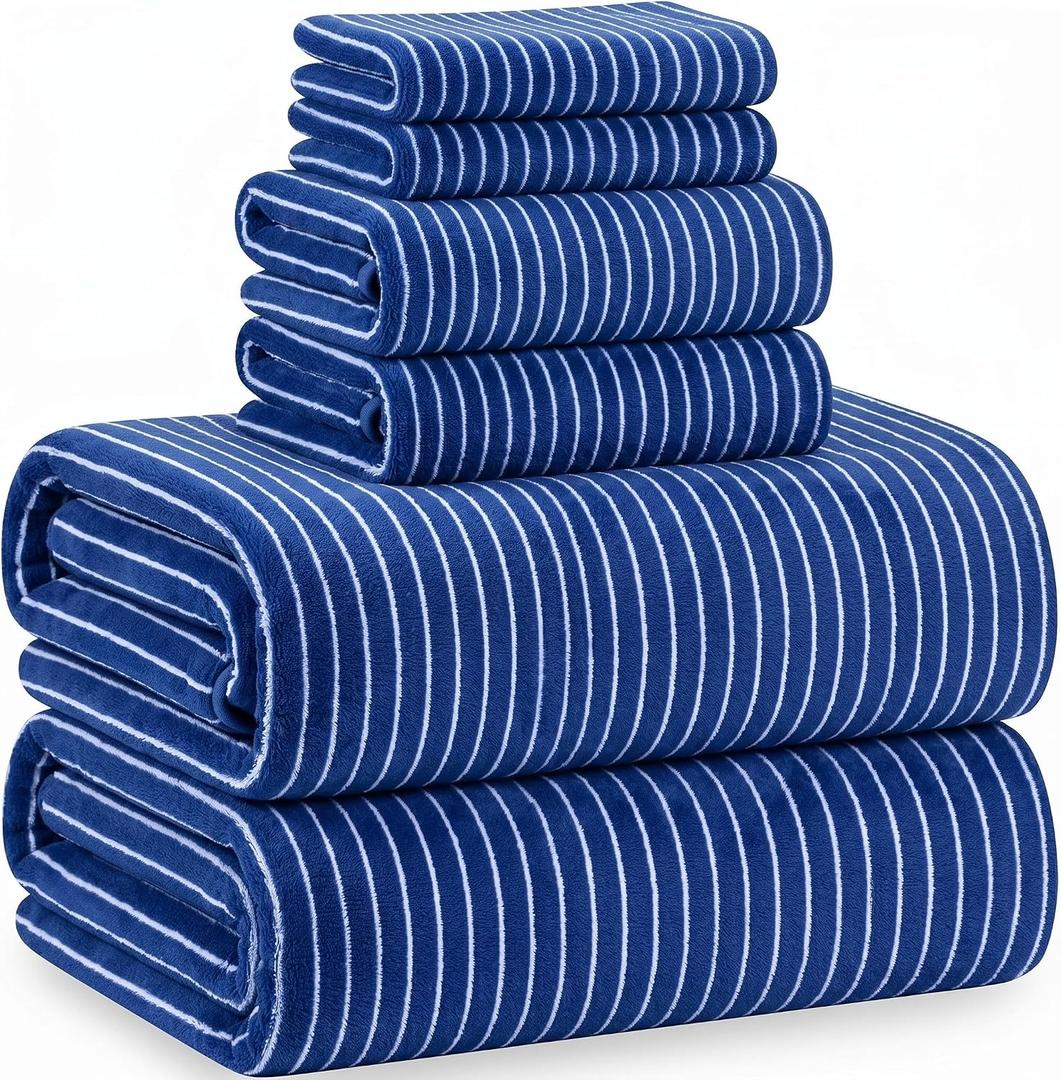 6 Pcs Oversized Bath Towels for Adults 35x70 Inches Blue & White Striped Extra Large Bath Towel Sets Bathroom Sheets Jumbo Shower Towels Quick Dry Absorbent Soft Microfiber for Women Men