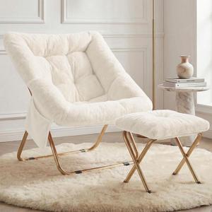 Comfy Saucer Chair for Adults, Foldable Living Room Chairs, Soft Faux Fur Lounge Chair for Bedroom, Reading Chairs, X-Large (Ottoman-White), 27.56 x 27.56 x 31.5 inches