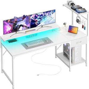 PRAISUN 55.1 Inch Gaming Desk with LED Lights & Power Outlets