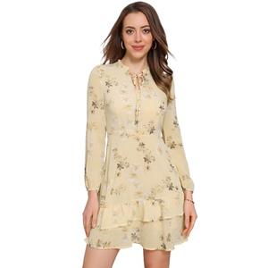 Allegra K Women's Spring Dresses 2026 Tie V Neck Semi Sheer Long Sleeve Layered Tiered Chiffon Mini Floral Dress Small Apricot S