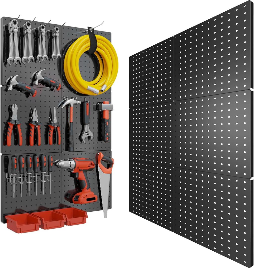 Peg Board, 6PCS Metal Pegboard, Heavy Duty Pegboard Wall Organizer with Frame. Black Pegboard for Walls, Garage, Workbench, Craft Room Tool Organization, Metal Pegboard Panels 12in*12in