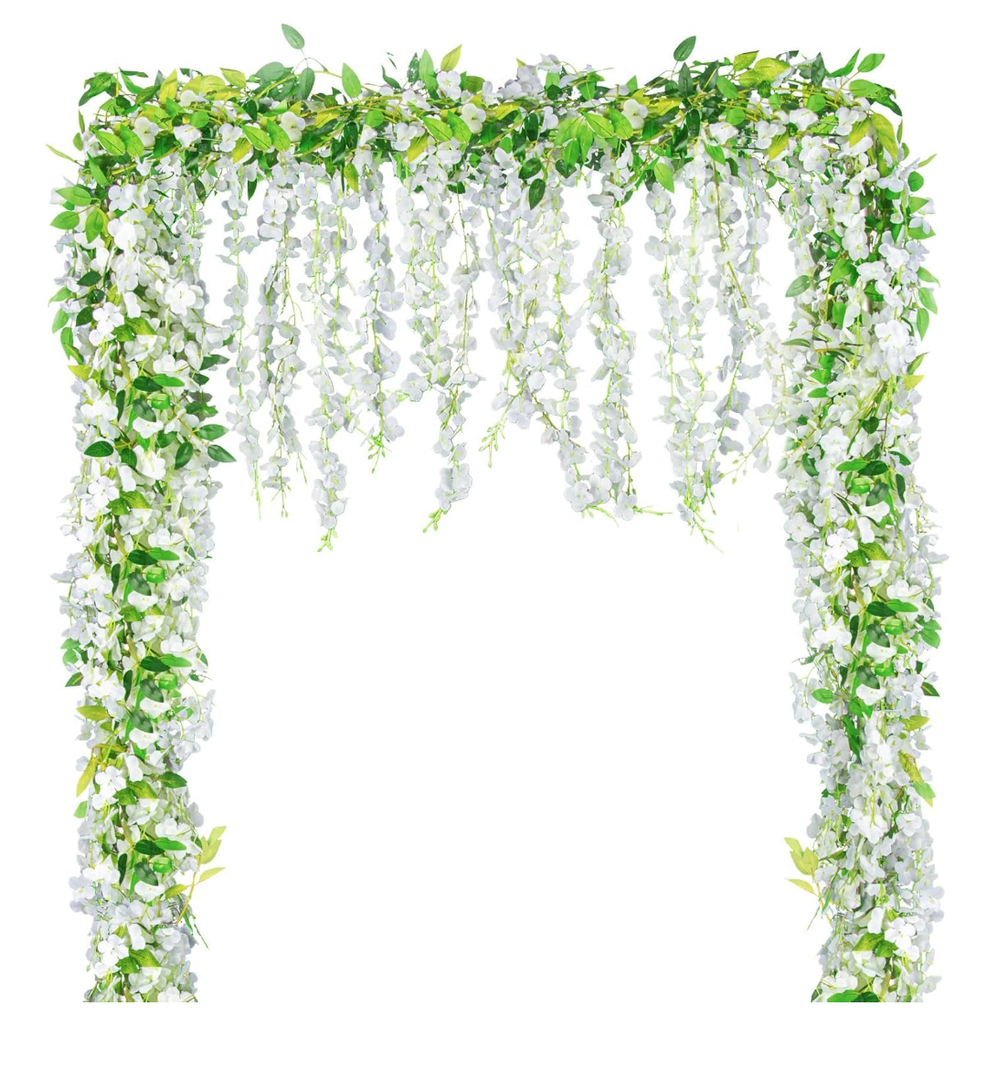 2 Pcs Artificial Wisteria Hanging Flowers - MAQIHAN 6.23 Ft Wisteria Hanging Flowers Garland Fake Flower Vines White Floral Garland for Home Outdoors Fairy Garden Tea Party Wedding Arch Flower Decor