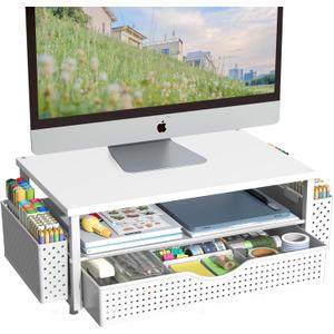 Spacrea Desk Organizer and Accessories, Computer Monitor Stand Riser with Drawer and 2 Pen Holders, Office Desk Accessories & Workspace Organizers for Office Supplies (White)