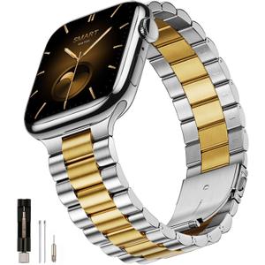 SUNFWR Compatible with Apple Watch Band 40mm 41mm 38mm 42mm(Series 10 11) for Women Men, Stainless Steel Metal iWatch Band for Apple Watch Series 11/10/9/8/7/6/5/4/3/2/1/SE/SE2/SE3 Ultra3/2/1 (No case) (Silver+Golden)