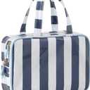 Travel Toiletry Bag for Women, Waterproof Clear Coated Portable Stripe Makeup Cosmetic Bag with Compartment, Travel Organizer for Shampoo, Conditioner, Brushes Set,Cosmetic Accessories(White-Navy)