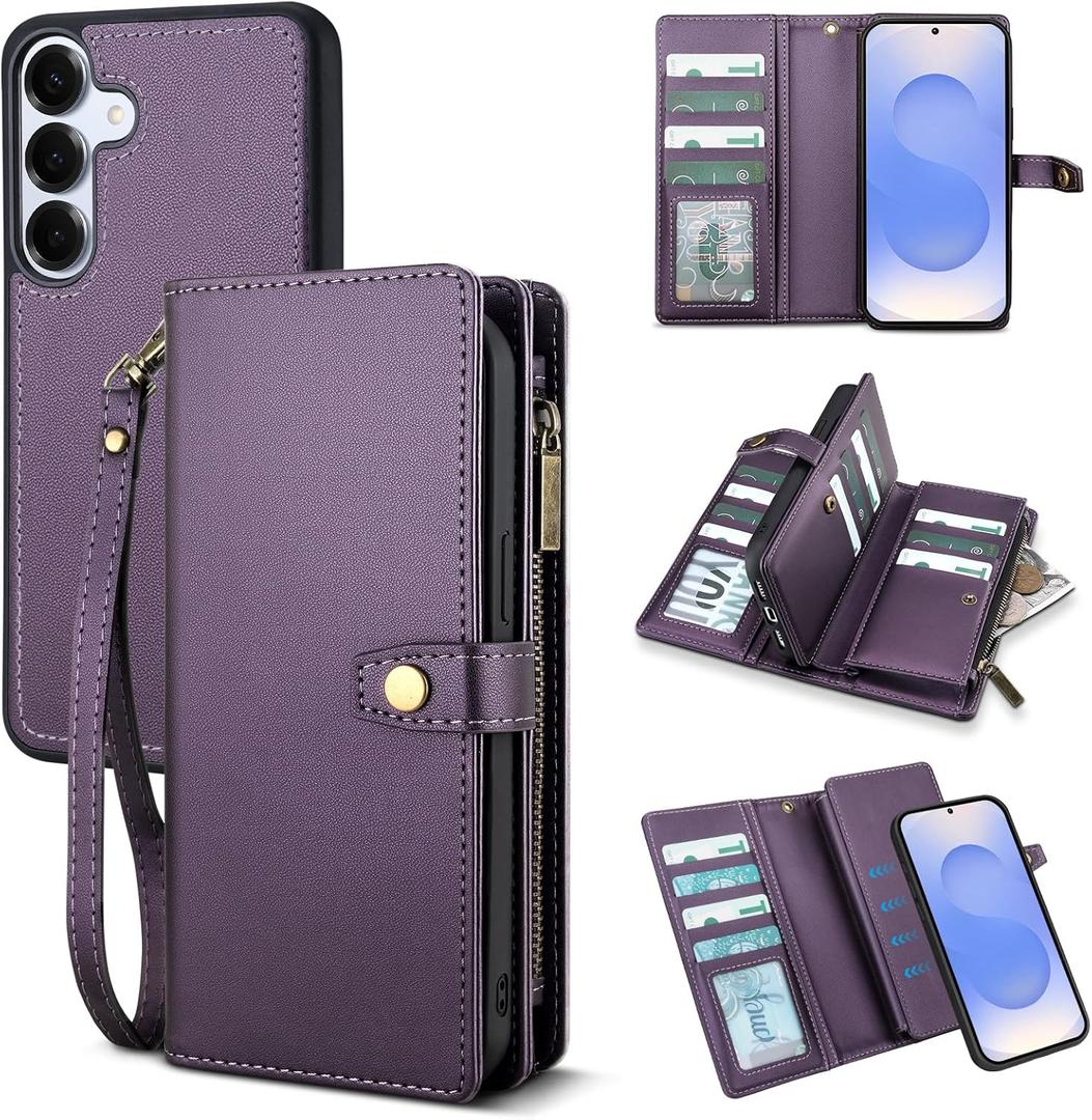 TwoHead for Samsung Galaxy S25 Wallet Case with Card Holder, Detachable Magnetic Phone Case for S25,PU Leather All-Round Protective Phone Case Wallet with Wrist Strap(6.2 in,Deep Purple)