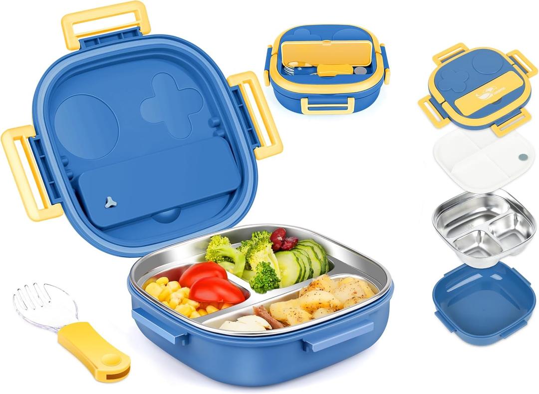 Tiny Mini Small Bento Box or Snack Box with Removable Stainless Steel 3-Compartment & Cutlery For Baby 0-24 Months LeakProof,Dishwasher Safe & BPA-Free,Daycare,Preschool,Travel(Blue,Not Insulated)