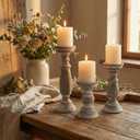 Rustic Wooden Pillar Candle Holders Set of 3, 12'' 9'' 6'' Farmhouse Wood Candle Stand for Table Centerpieces, Vintage Tall Candleholders Fireplace Mantel Decor for Living Room, Grey