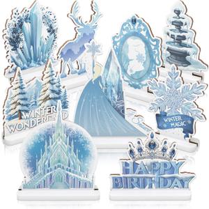 9pcs Frozen Themed Wooden Happy Birthday Signs Table Centerpieces Toppers for Girls' Birthday Party Table Decorations (Blue and White)