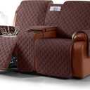 Ruaozz Waterproof Loveseat Recliner Cover with Console Non-Slip Reclining Couch Covers Split Sofa Slipcovers with Elastic Straps Furniture Protector for Kids, Dogs, Pets (Coffee, 2 Seater)
