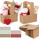 50 Set Holiday 2 Cup Drink Carrier with Handle Red Green Disposable Cardboard Coffee Cup Holder Bulk Snowflake Portable Foldable Beverage Paper Tray for Valentine Day Delivery Party Supply