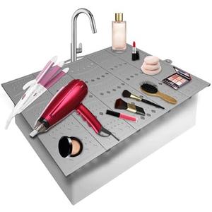 Mofason Bathroom Sink Top Cover Space Saver,Silicone Makeup Organizer Mat for Over Countertop,Small Bathroom Must Haves Accessories Rv Camper Travel Foldable Gadgets-Grey