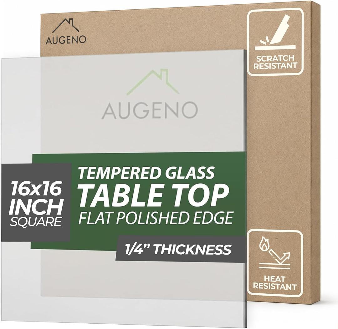 16 inch Square 1/4" Thick Flat Polished Edge Clear Glass Table Top with 6 Bumpers - Tempered, Scratch Resistant & Safety Replacement Glass for Dining, Coffee, Patio & End Tables