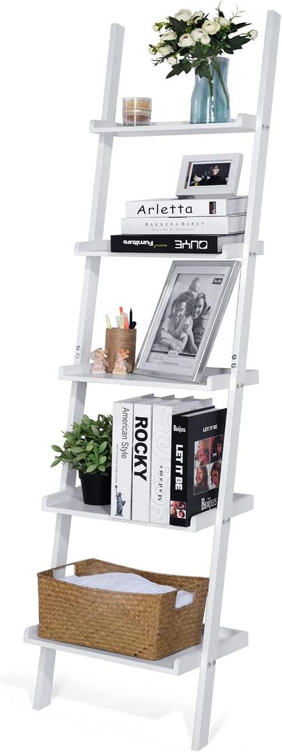 Ladder Shelf 5-Tier Bookshelf – Storage Rack Shelves Wall Leaning Shelf,White Freestanding Plant Flower Stand, Corner Display Bookcase, 13.78d X 16.92w X 65.74h in
