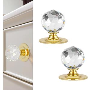 1-3/5 Inch Round Clear Crystal Self Adhesive Knobs 40mm Ball Cabinet Handles for Drawers Mirrors Cupboards Glass Sliding Doors Windows Staircase Corner Decor Peel and Stick Pulls (2, Gold)