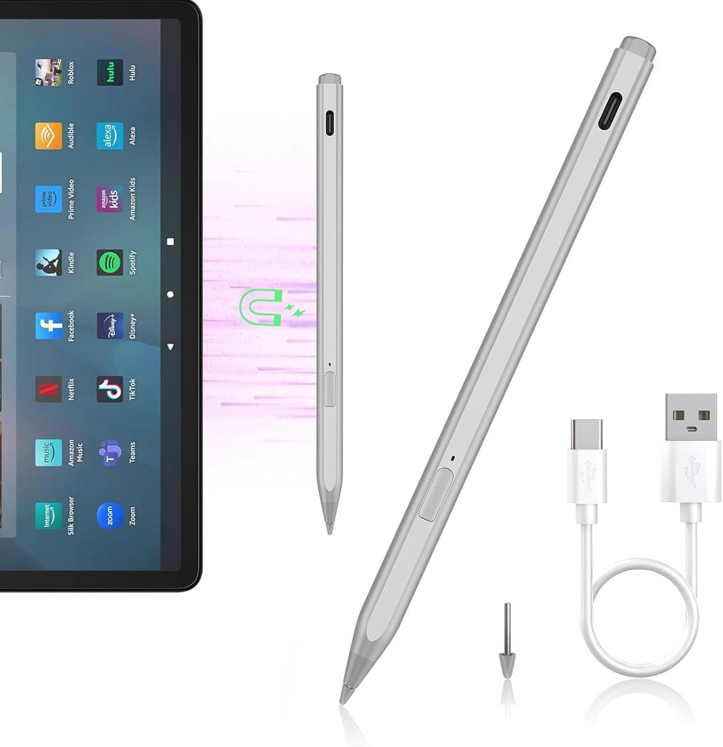 AMZ Fire Tablet Stylus Pen for Amazon Fire Max 11 (2023 Release) & Amazon Fire HD 10, (13th Gen, 2023 Release) Tablets, Stylus with USB-C Fast Charging, 4096 Fine Control (Silver)