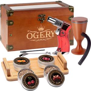 OGERY Cocktail Smoker Kit, Whiskey Smoker Kit with Smoking Gun, Old Fashioned Bourbon Smoker Box and 4 Flavors Wood Chips, Unique Anniversary Birthday Gifts for Men, Husband (No Butane)