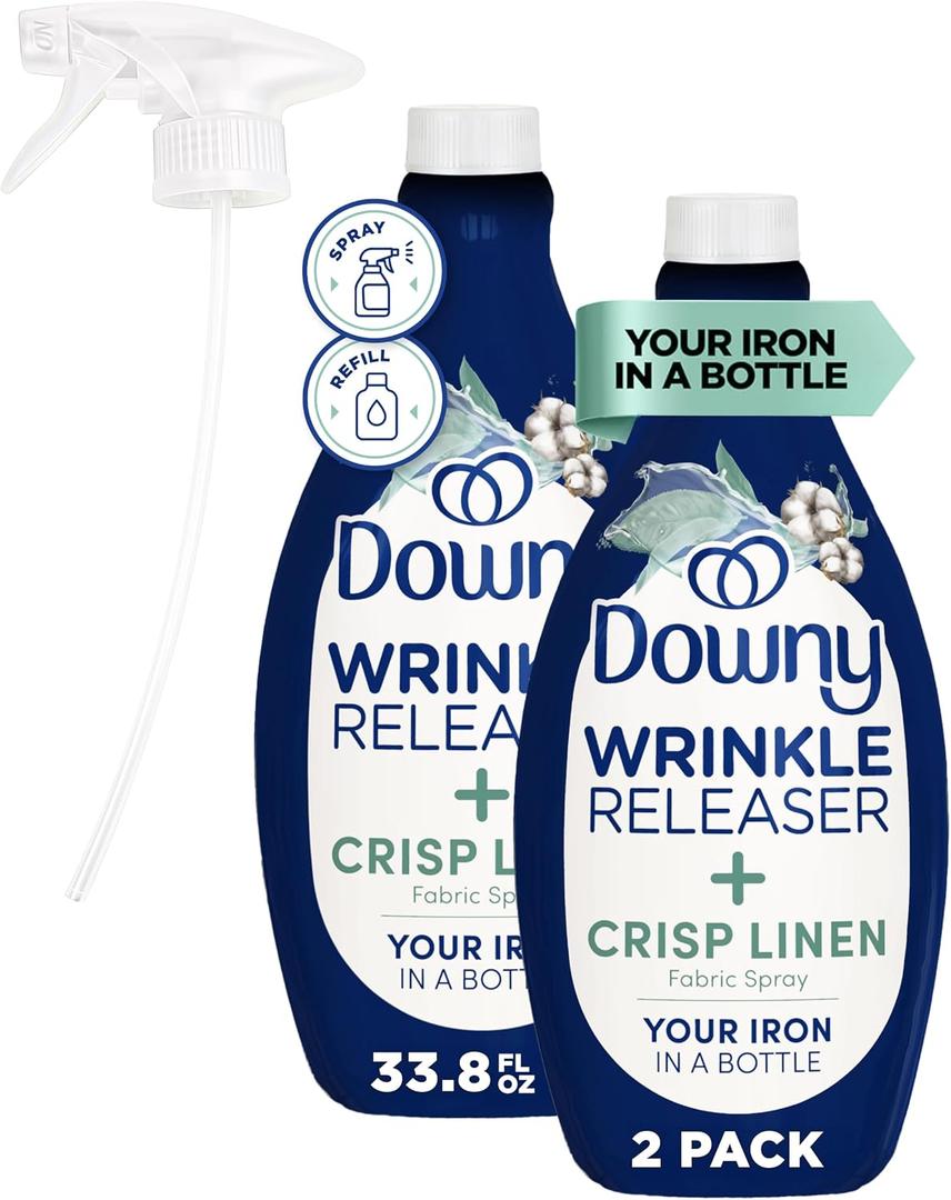 Downy Wrinkle Releaser Spray, All In One Formula, Removes Wrinkles, Static and Odor Eliminator, Crisp Linen Scent, 33.8 Fl Oz, Pack of 2 