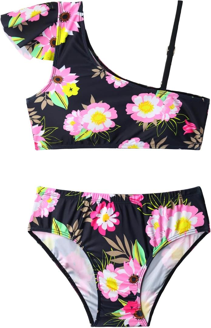 Girls Swimsuit Bikini Set 2 Piece Quick Dry Ruffle Bathing Suit Teens Swimwear with Spaghetti Strap (Black)