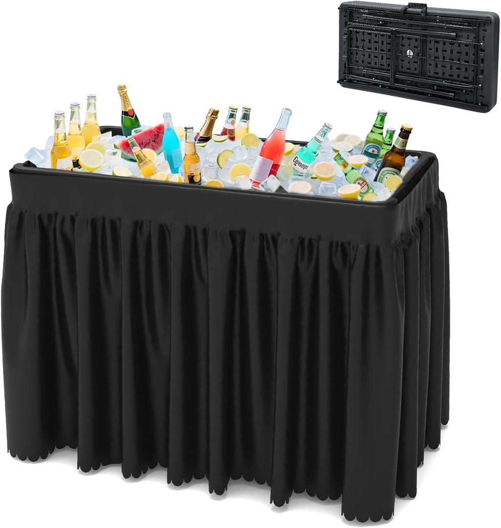 Party Outdoor Cooler Table, Black Skirt &Drain Hose Plastic Chill Table to Keep Drinks Cool, Portable Foldable Self-Serving Beverage Ice Cooler Bar for Wedding, Picnics, Barbecues, Fishing