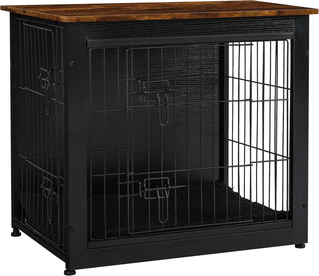 27" Dog Crate Furniture, Dog Kennel Indoor, with Waterproof Cushion | Small Wooden Kennel Table Indoor, Double Doors, Decorative Pet House as TV/Night Stand Side/End Table, Black+Rustic Brown, 27.2"L x 20.1"W x 23.6"H