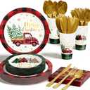 Christmas Party Decorations Supplies - 175 PCS Christmas Xmas Disposable Dinnerware Set(25 Guest) with Buffalo Plaid Truck Tree Paper Plates Napkin Cup Plastic Fork Knives Spoon for Holiday Decor