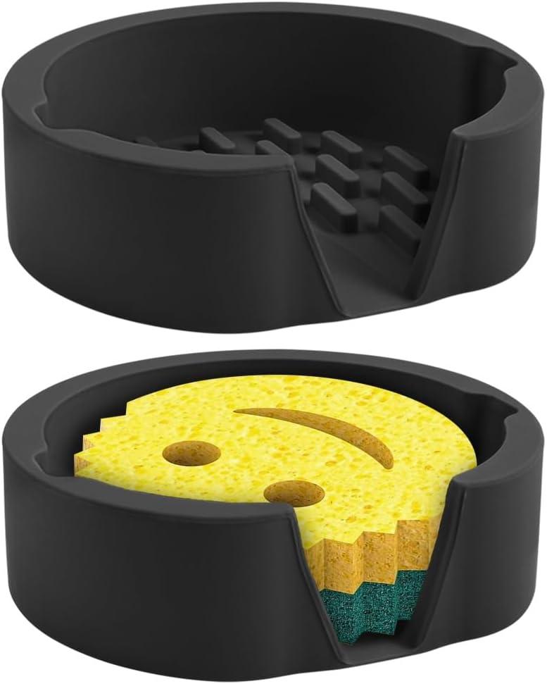 Sponge Holder Silicone for Kitchen Sink Caddy Compatible with Scrub Daddy Holder Quick Drying Kitchen Accessories for Dish Brush Dish Wand Scrub Mommy (Black, 2PCS)