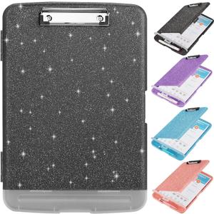 Glitter Clipboard with Storage,Storage Clipboard with Pen Holder,A4 Binder Clip Boards 8.5x11 with Low Profile Clip,Side Opening Sparkle Clipboards,Plastic Clipboards Folder for Office Supplies-Black