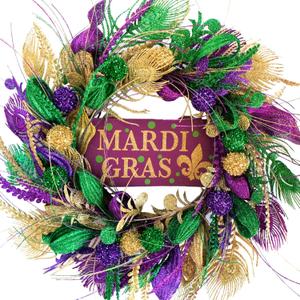 TEMPUS 20 inch Mardi Gras Purple and Green Glitter Wreath for Carnival Front Door and Party Decorations, Mardi Gras Party Home Decor Wreath with Mardi Gras Sign, Indoor and Outdoor Glitter Party Wreat